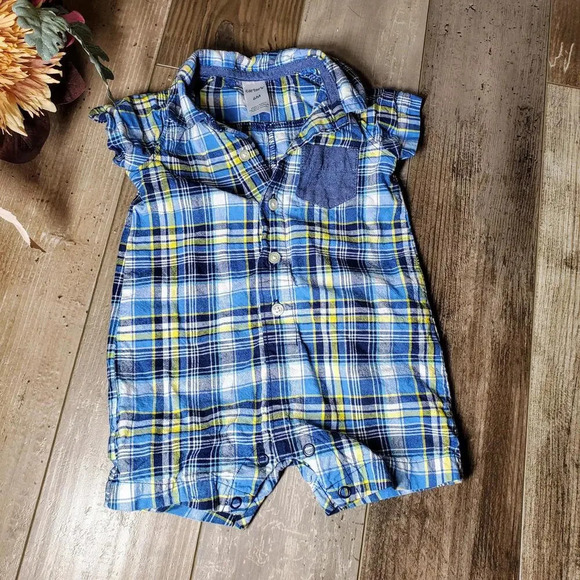 Carter's Baby Boy Size 6m Blue Yellow Plaid Romper Shortall 100% Cotton EUC - Picture 1 of 9